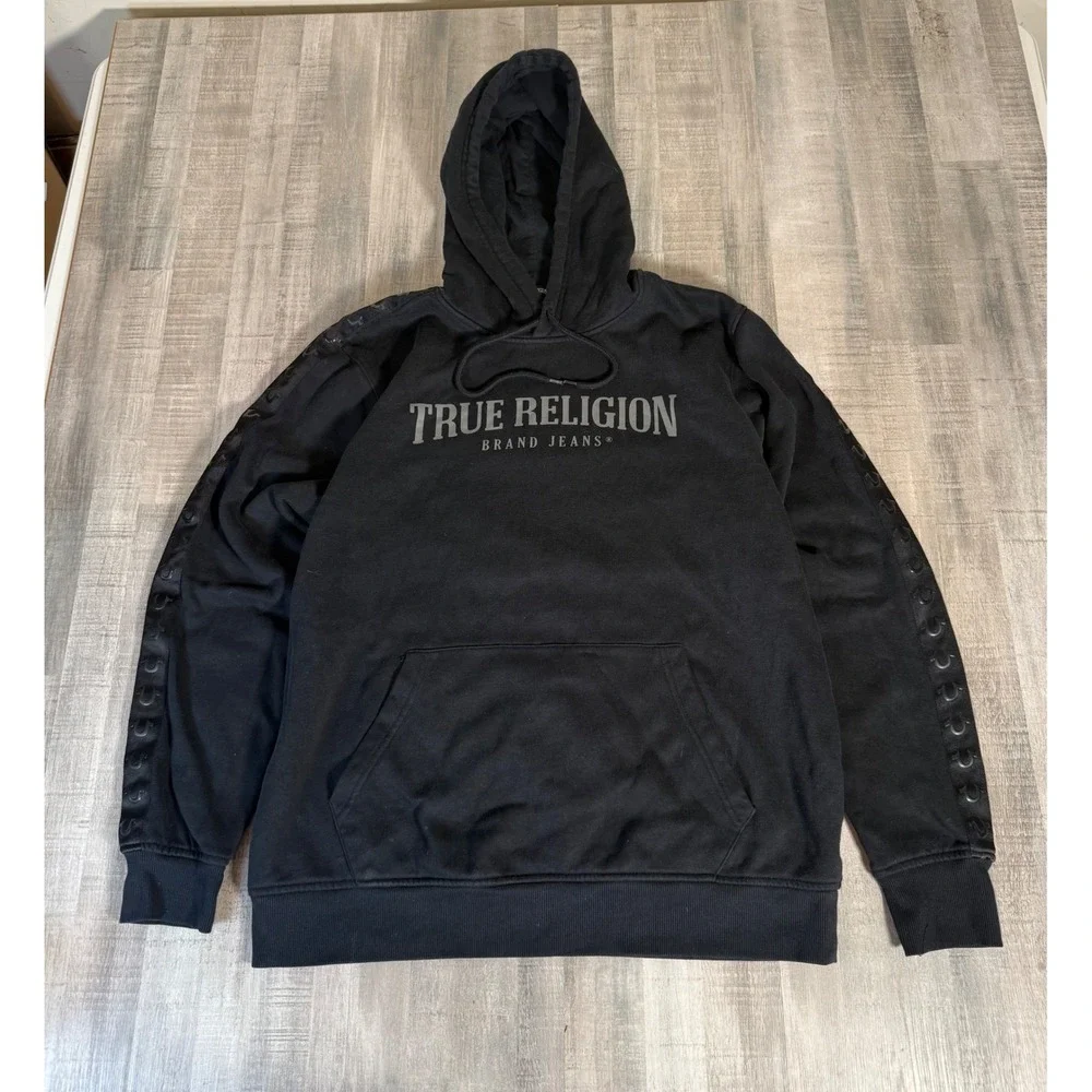 True Religion Mens Tonal Silicone Tape Logo Hoodie Black 2XL Pullover 700977